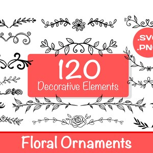Dzielniki tekstu Elementy dekoracyjne tekstu kwiatowego Svg Bundle / 120 ozdób kwiatowych Svg / Ozdoby tekstowe Flourish Svg / Obramowania Svg