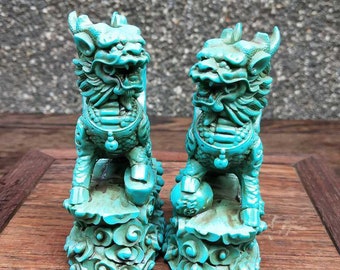 A Pair of Chinese Natural Antique Exquisite Turquoise Handcarved Sculpture Lion Statues