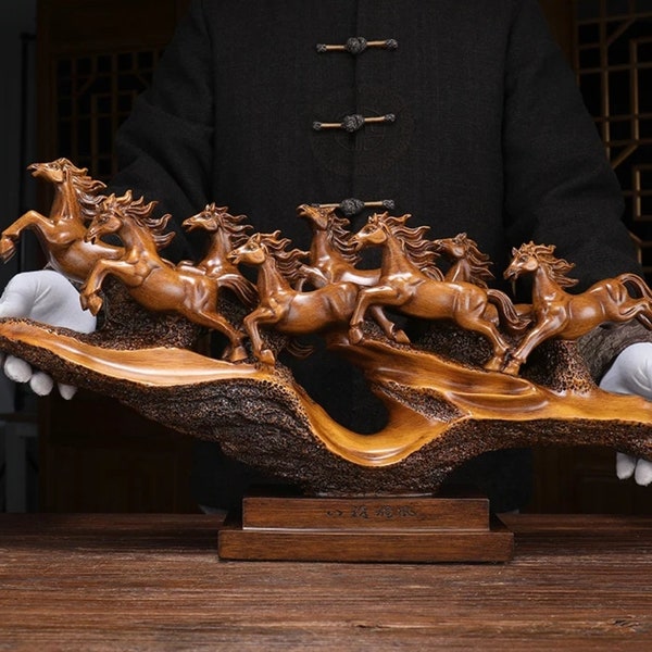 Chinese Natural Antique Exquisite Handcarved Sculpture Success 8 Running Horses Statue Housewarming Gift