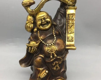 6.6''H- Chinese Natural Antique Exquisite GEOMANTIC Bronze Cloisonne Crafted Sculpture Money Gold Blessing Laugh/Happy Buddha Singed Statue