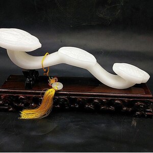 9.8in/25cm H Chinese Genuine Natural White Jade HandCarved Big Ruyi Statue image 6