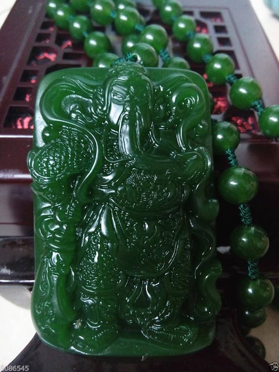 Natural White Hand-carved Chinese Hetian Jade Guan Yu Pendant Rope Necklace