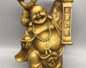 6.6''H- Chinese Natural Antique Exquisite GEOMANTIC Bronze Cloisonne Crafted Sculpture Money Gold Blessing Laugh/Happy Buddha Singed Statue