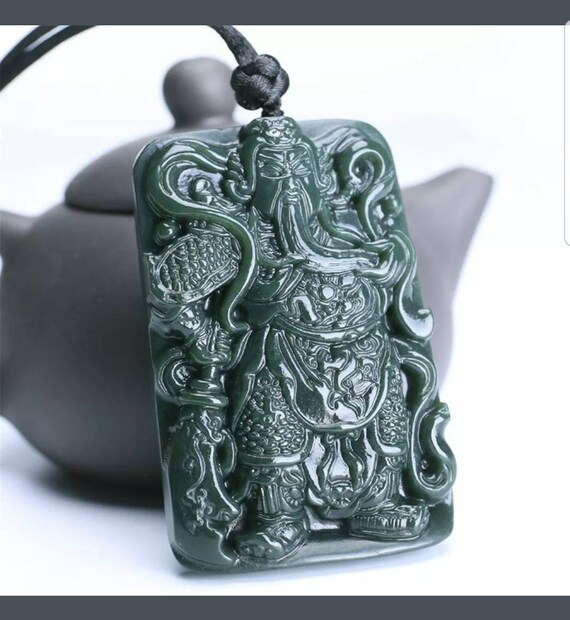 Certified Natural Green Hetian Jade Guan Yu Pendan