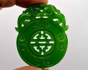 10% OFF- Certified Natural Jadeite Emerald Jade Tablet Double-Dragons Pendant 《Grade A》