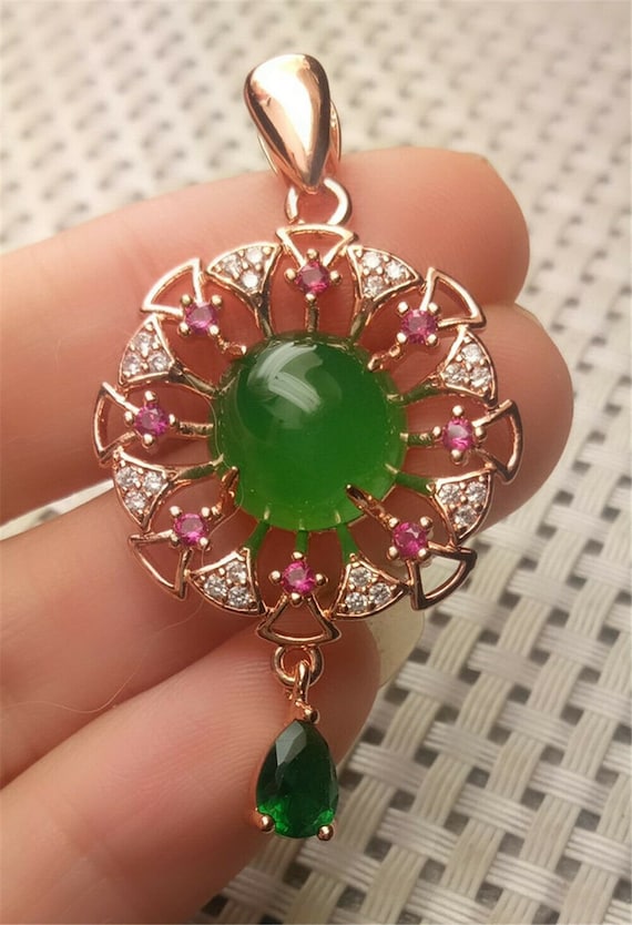 Certified Natural Emerald A*Jade Handcrafted Pink Jade Flowers Pendant-925 Sterling Silver 10/% OFF
