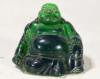 6cm L Großartige chinesische natürliche antike vorzügliche GEOMANTISCHE grüne AMBER handgeschnitzte Skulptur, die glückliche riesige Buddha-Statue segnet