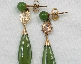 10% OFF- Certified Vintage Natural Jadeite Emerald A Jade Pair of Chinese Gold Filled Jade Dangle Pierced Earrings