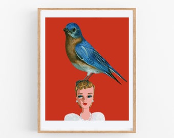 Mountain Bluebird perched on Barbie. Art Print
