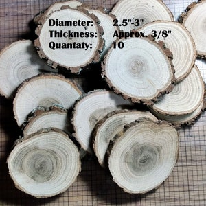 May include: Ten natural wood slices, each with a diameter of 2.5 to 3 inches and a thickness of approximately 3/8 inch. The wood slices are light brown with visible grain patterns.