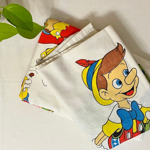 Vintage Pinocchio Sheet Set, 70s, Walt Disney, Twin Sheet, Flat Sheet, Pillowcase