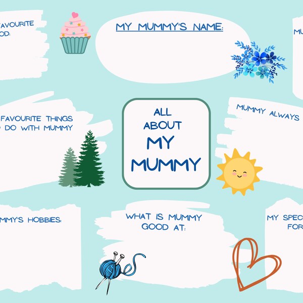 All About My Mummy, Printable Mother's Day Card, Birthday Card, Mum Q&A, keepsake, questionnaire, interview, Children DIY, Greeting card.