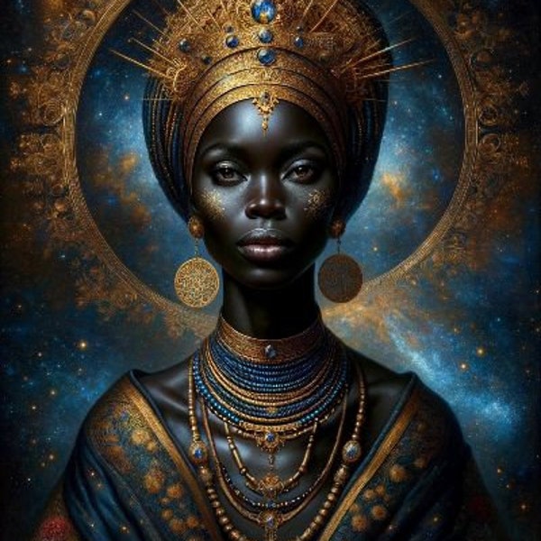 African Queen Cosmic Aura - Digital Print of Regal African Woman with Gold Crown and Celestial Background,Wall Art, AI Generated, AI Art