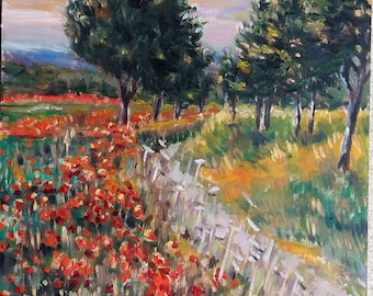 Original Oil Painting on Wood Panel, Road Cross Poppy Field- Landscape, 16x12&quot;, 180604