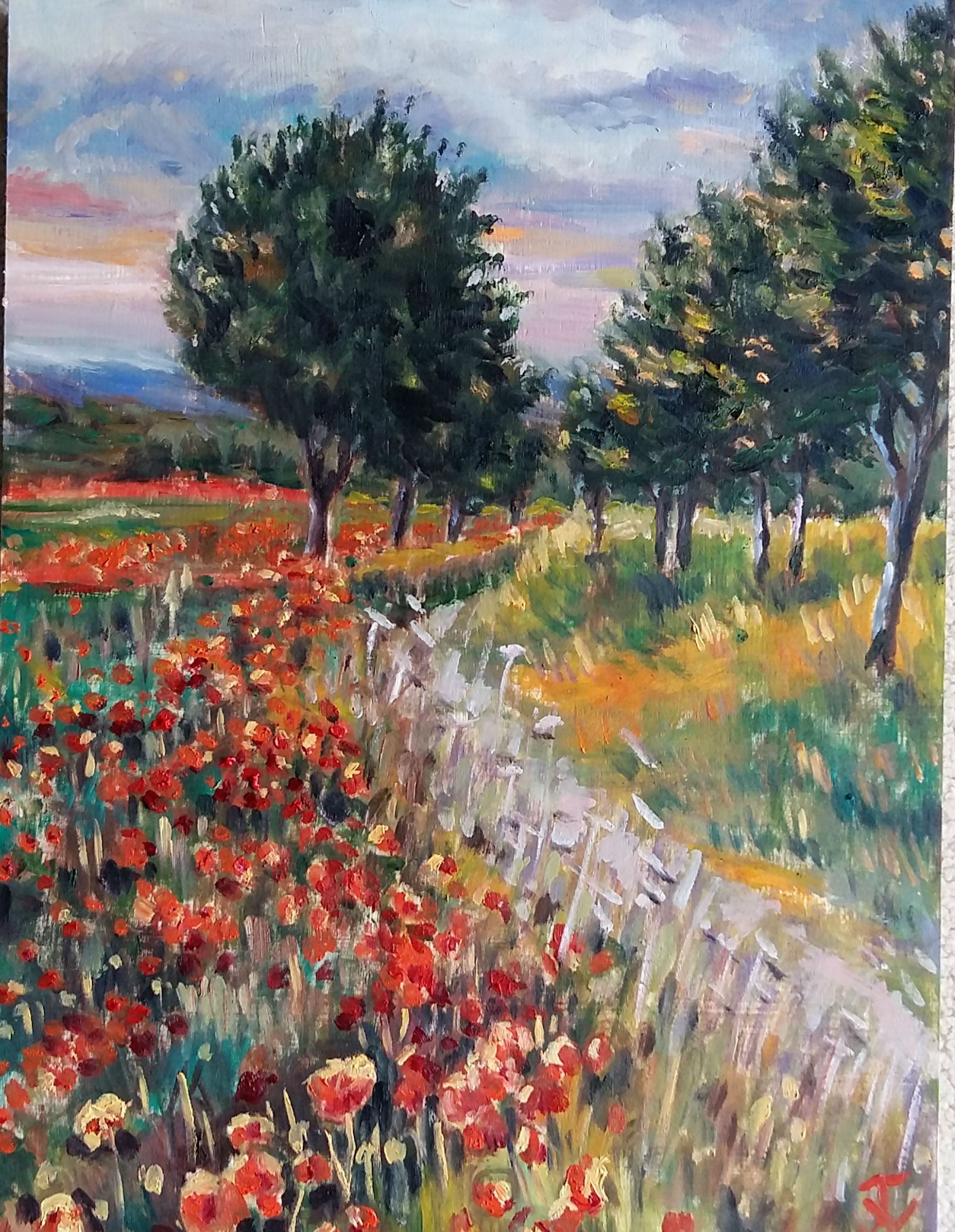 Original Oil Painting on Wood Panel Road Cross Poppy Field Etsy