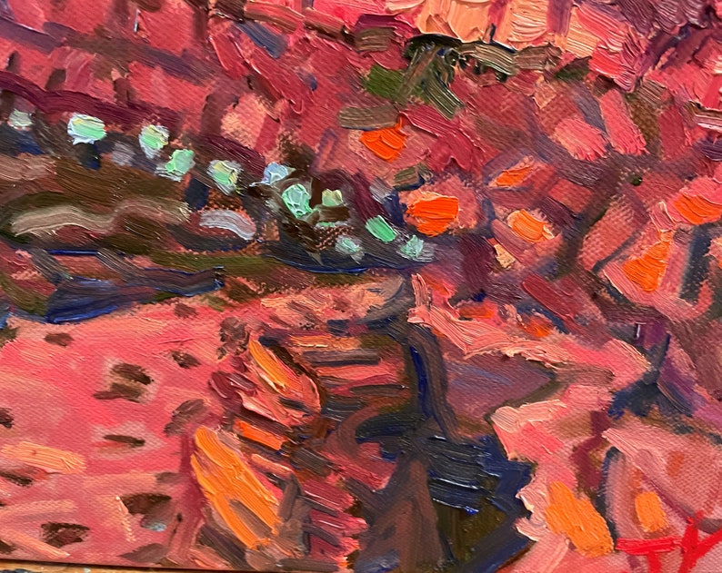 Puede incluir: Pintura abstracta con trazos audaces de pintura roja, naranja y verde. La pintura tiene una superficie texturizada y una composici&oacute;n din&aacute;mica.