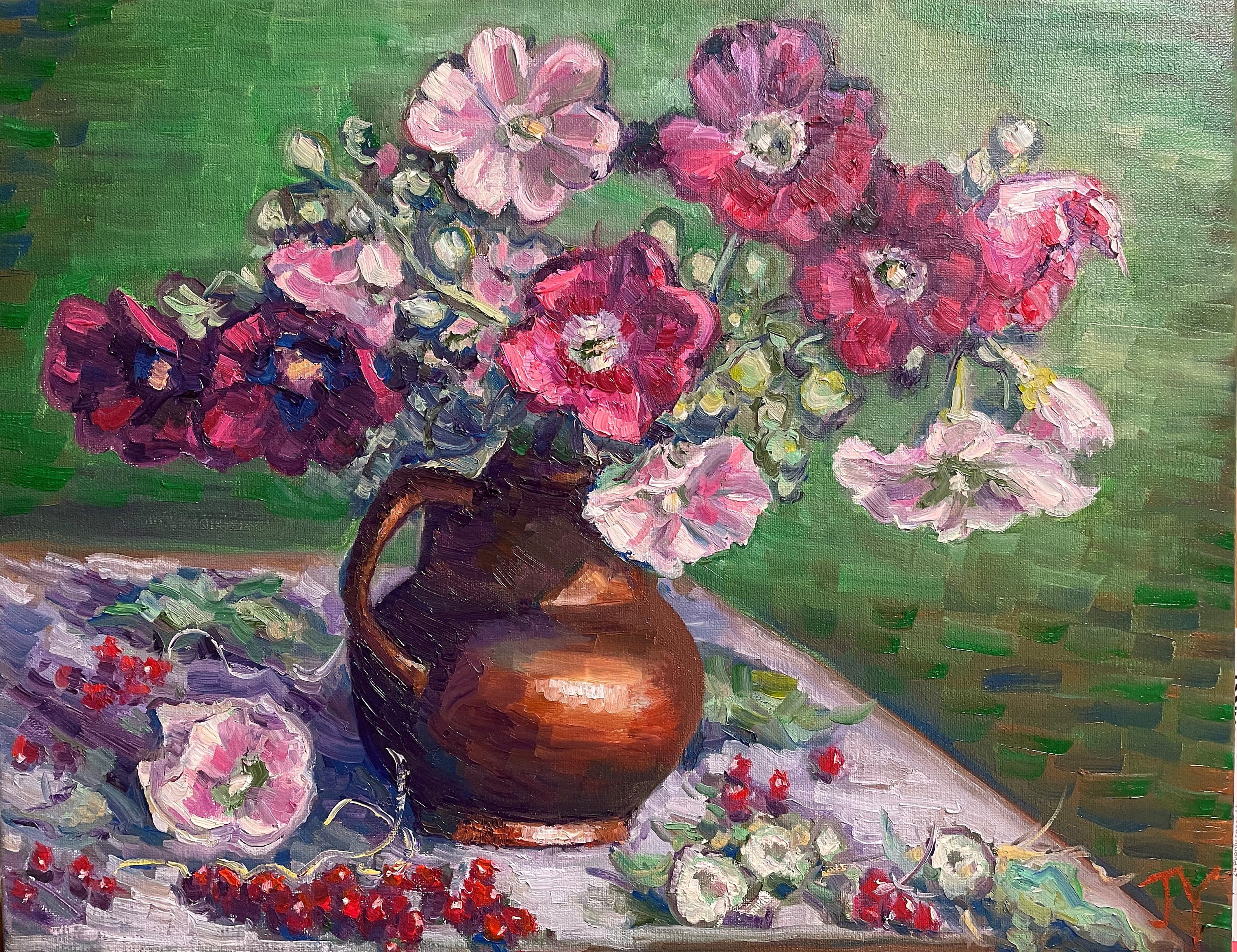 オリジナル油絵、花瓶の中のピンクの花、16x20x0.75、220216 - Etsy 日本