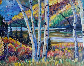 Original Oil Painting, Autumn Birch Trees, 47.5x31.5&quot;, 1808222, Free Shipping