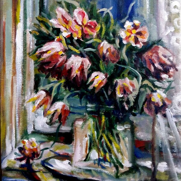 Original Oil Painting, Still life Painting- Tulip Flowers, 1703081, 12"x9"