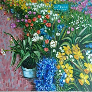 May include: A painting of a flower shop with a variety of flowers in pots, including yellow daffodils, blue hyacinths, white tulips, and red tulips. The sign above the flowers reads "Flower Shop In The City".