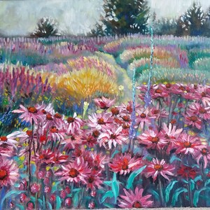 May include: A painting of a field of pink and purple wildflowers with a path leading through the center. The flowers are in full bloom and the background is a soft, hazy blue.