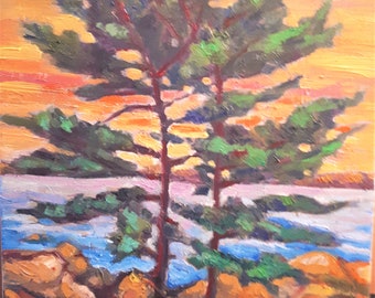 Origineel olieverfschilderij, Dennenboom in Georgian Bay, 12x12, 210622