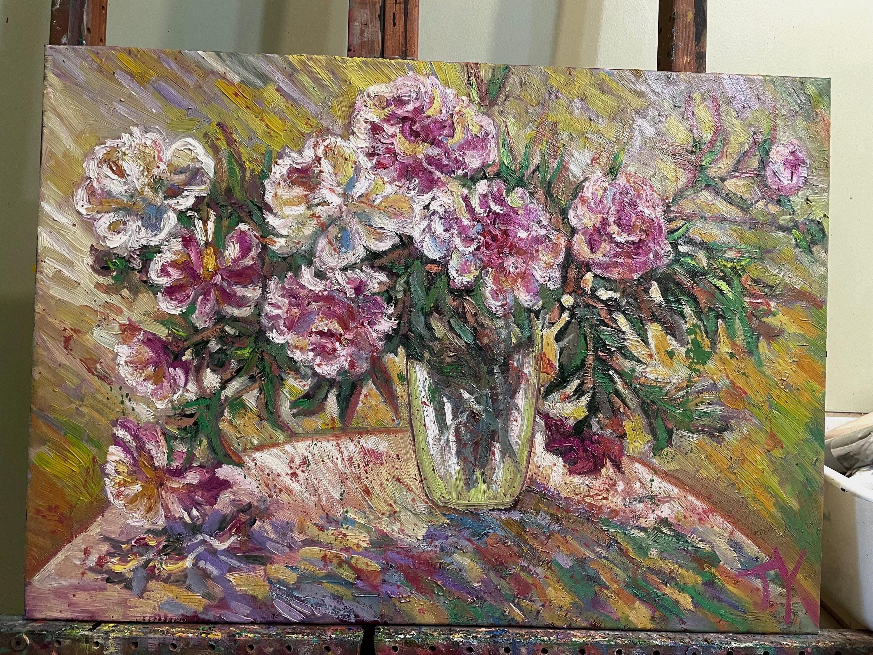 オリジナル油絵、花瓶の中の牡丹の花、50 x 70 cm、19.5x27.5インチ