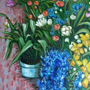 May include: A painting of a bouquet of flowers in a blue pot. The flowers are a mix of white, yellow, red, pink, and blue. The background is a pink and gray pattern.