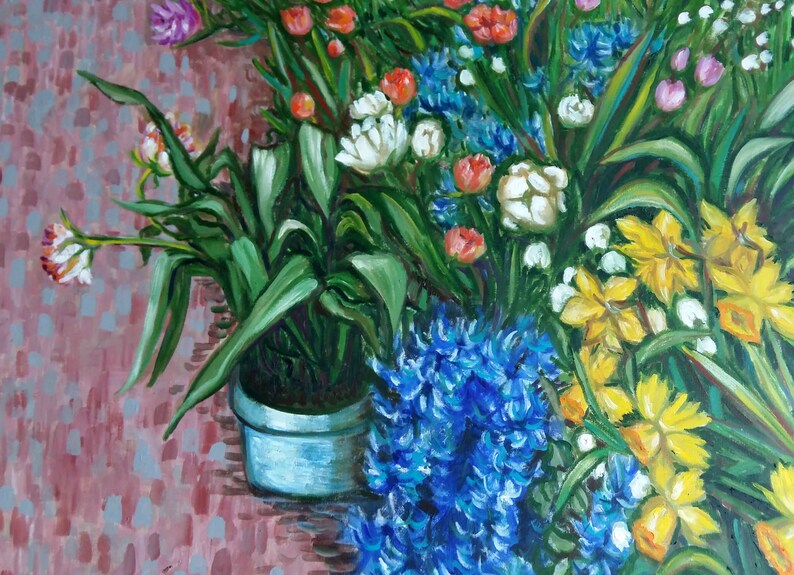 May include: A painting of a bouquet of flowers in a blue pot. The flowers are a mix of white, yellow, red, pink, and blue. The background is a pink and gray pattern.