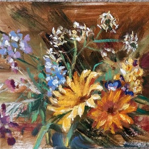 May include: A painting of a bouquet of flowers in shades of yellow, orange, purple, blue, and white. The flowers are arranged in a vase and are set against a brown background.