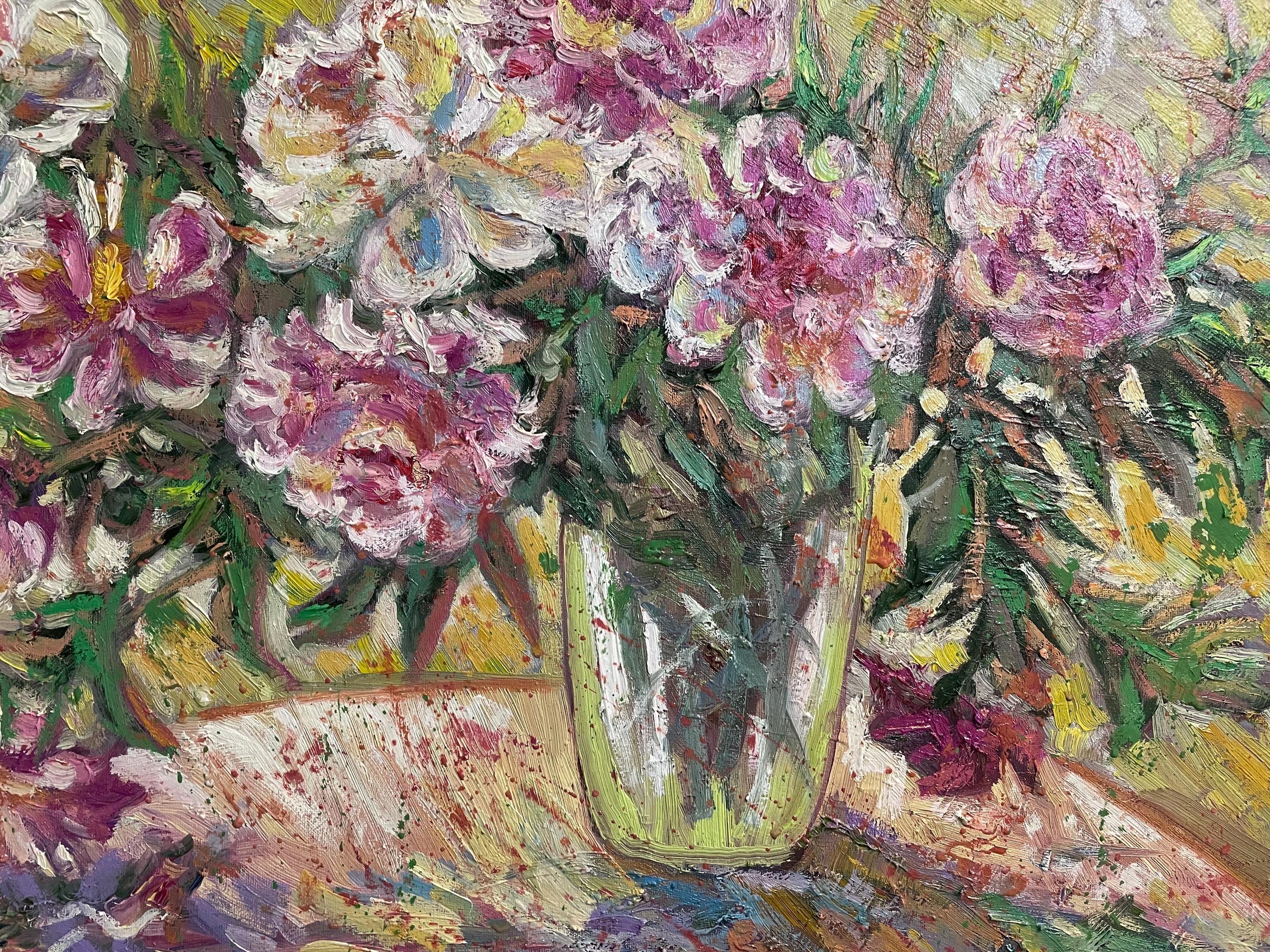 オリジナル油絵、花瓶の中の牡丹の花、50 x 70 cm、19.5x27.5インチ