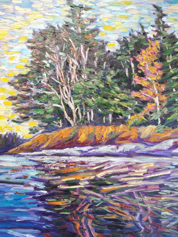 オリジナル油絵、湖畔の木々の反射、80 x 60 cm、2002182 - Etsy 日本