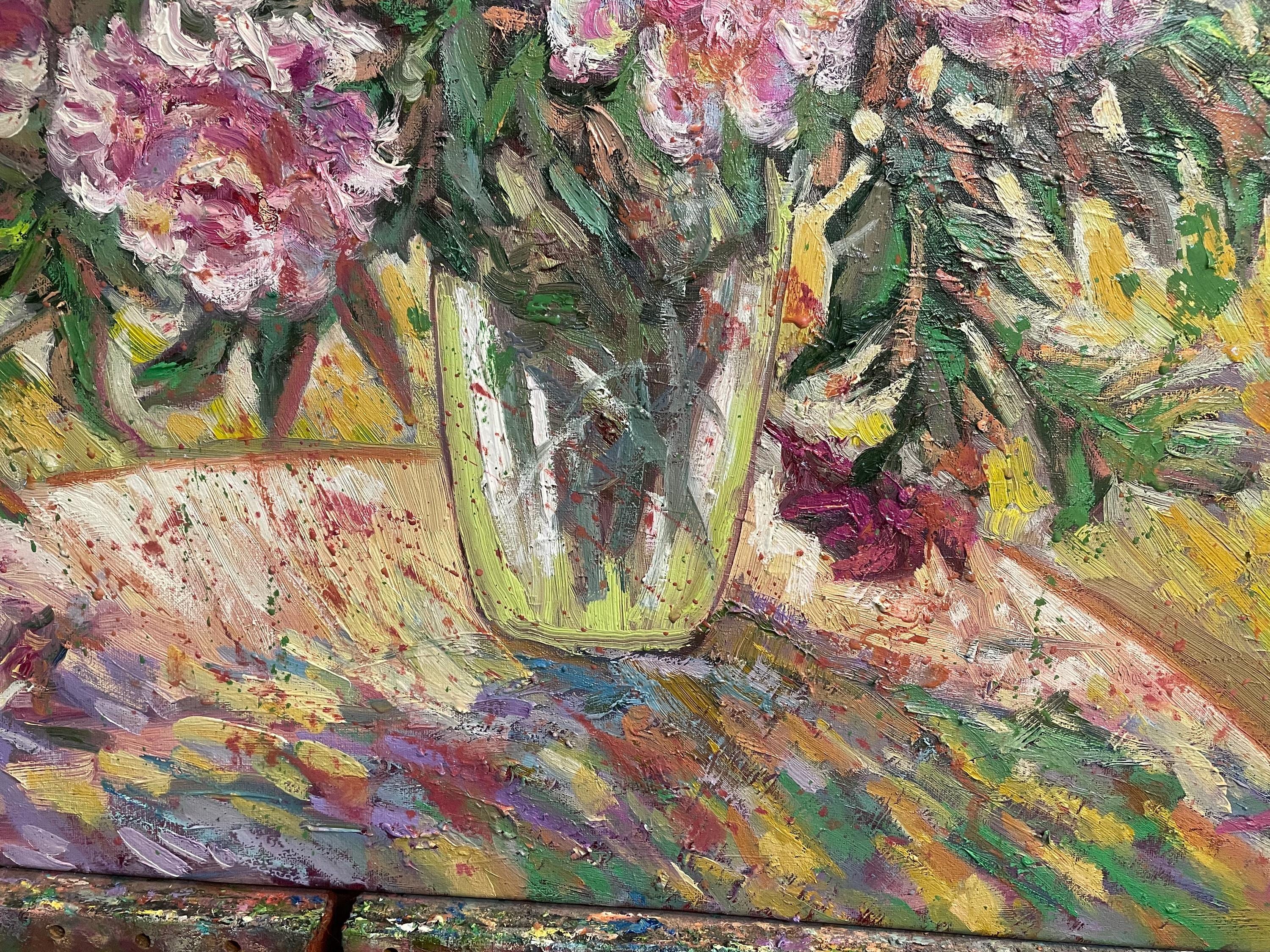 オリジナル油絵、花瓶の中の牡丹の花、50 x 70 cm、19.5x27.5インチ