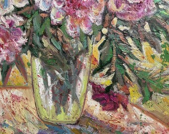 オリジナル油絵、花瓶の中の牡丹の花、50 x 70 cm、19.5x27.5インチ
