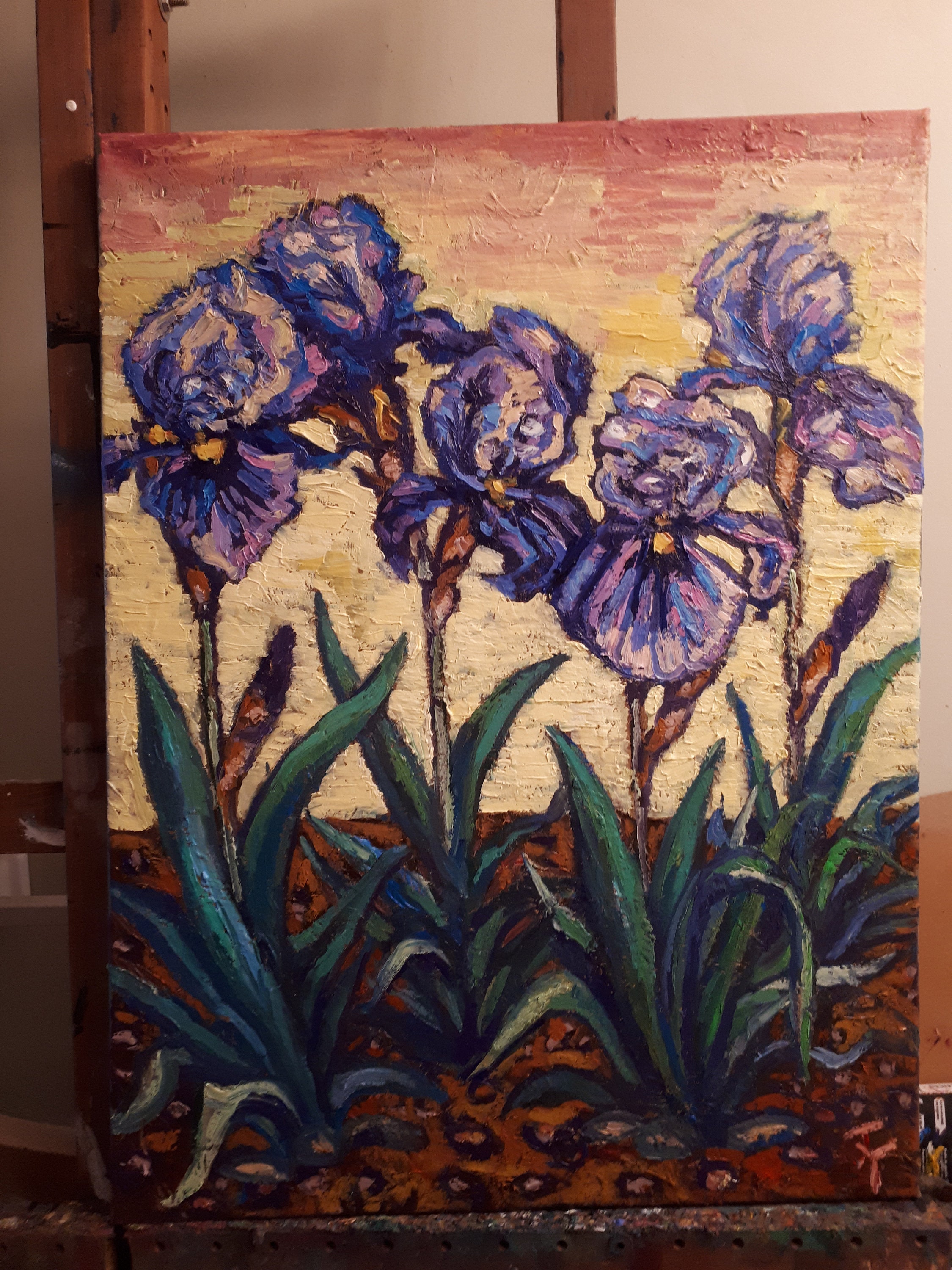 Original Oil Painting Purple Iris Flowers on Waterfront - Etsy