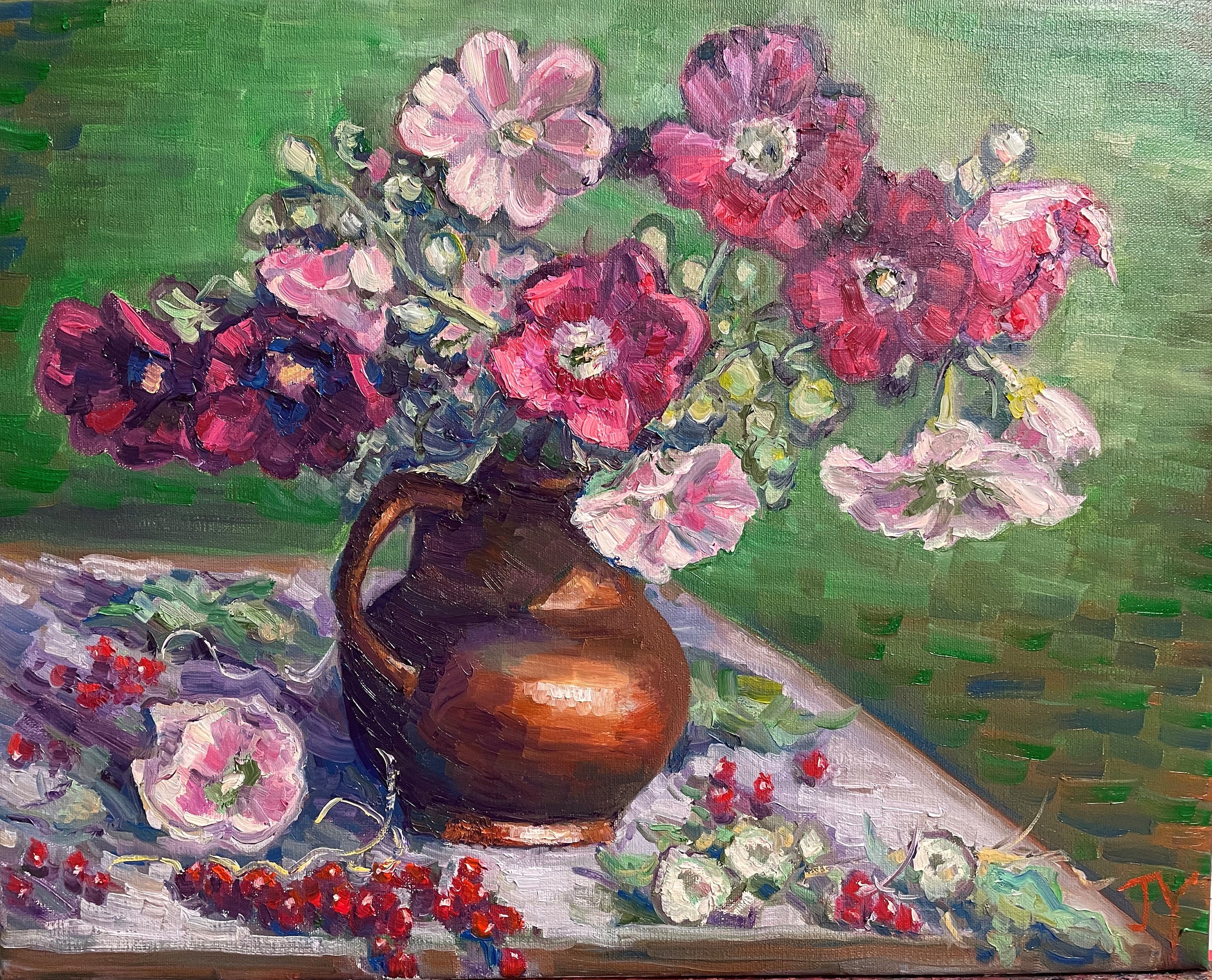 オリジナル油絵、花瓶の中のピンクの花、16x20x0.75、220216 - Etsy 日本