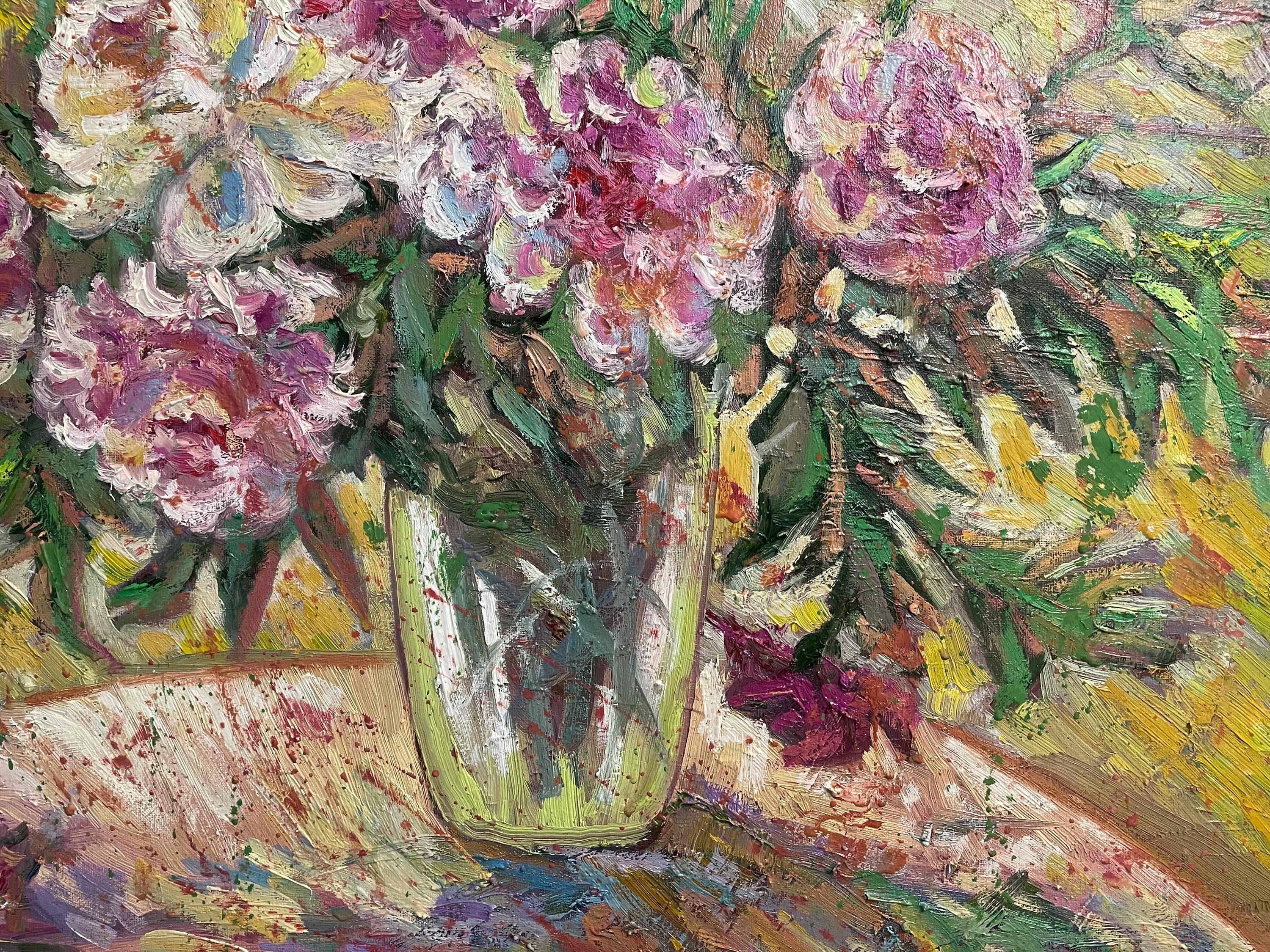 オリジナル油絵、花瓶の中の牡丹の花、50 x 70 cm、19.5x27.5インチ