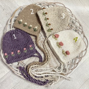 Newborn Embroidery Alpaca knit hats Baby flower bonnets Girl hats Baby embroidery knit Bonnet Photo prop baby bonnets Newborn photography