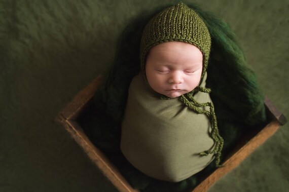 Knit Alpaca Newborn Hat: Unisex Baby Bonnet, Olive Green Prop