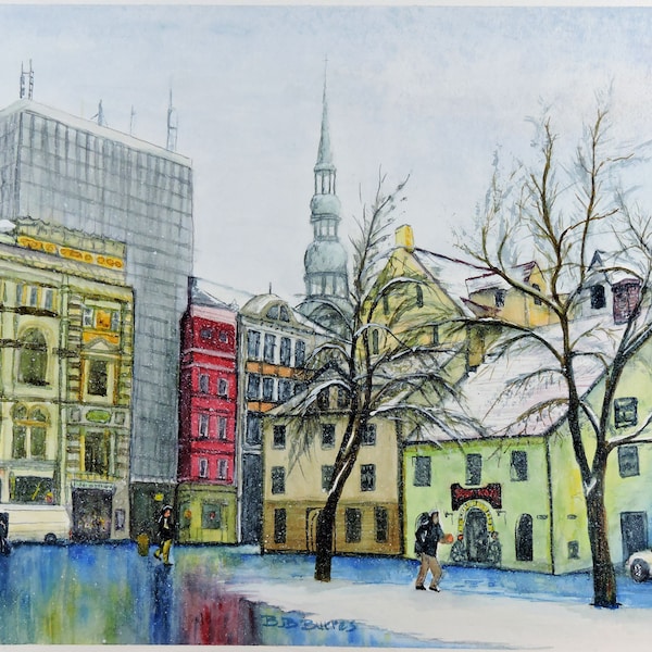 Riga - The Spire is a watercolor painting of the city in Latvia showing the snow in early winter and the colorful buildings.