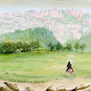 Israel - City and Bedouin on a donkey.