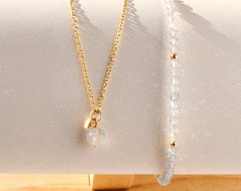 Dainty Labradorite Jewelry Set, Labradorite Necklace Chain, Thin Bead Bracelet, 14K Gold Filled, Tarnish Resistant, Healing Jewelry