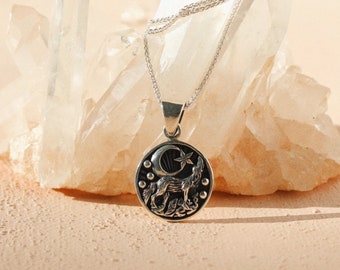 Howling Wolf Necklace, Sterling Silver, Celestial Moon Necklace, Protection Necklace, Wolf Coin Pendant, Layering Necklace, Witchy Necklace