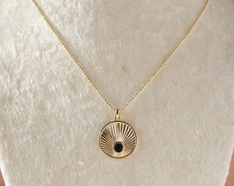 Sun Pendant Necklace, Gold Fill, Dainty Sunburst Necklace, Ball Bead Chain, Black Cubic Zirconia, Sun Charm, Unique Unisex Gift