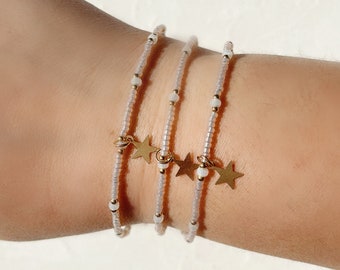 Pink Star Charm Bracelet, Dainty Bead Bracelet, 14K Gold Filled, Tarnish Resistant, Stackable Layering Bracelet, Celestial Jewellery