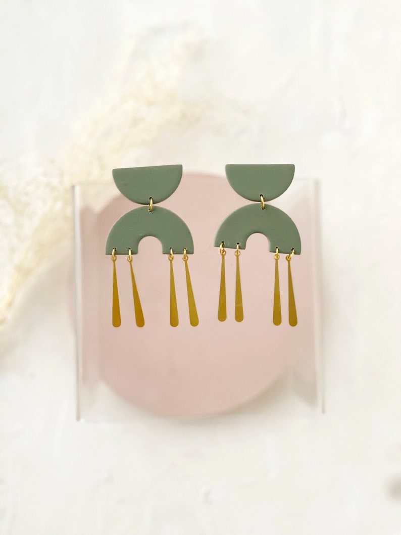 Green Polymer Clay Earrings, HELEN earrings, Arch Earrings, Art Deco Inspired Earring, Dangle Earrings, Sister Gift, Mother Gift image 4