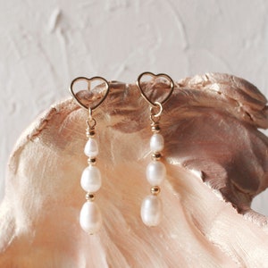 Heart Pearl Drop Earrings, Gold Filled, Freshwater Pearl Earrings, Tarnish Resistant, Bridesmaid Earring, Bridal Earrings, Dainty earrings image 1