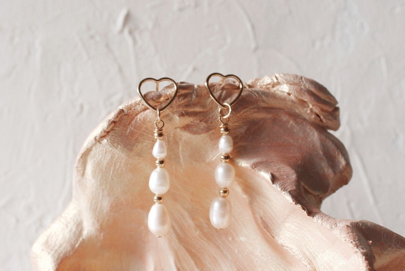 Heart Pearl Drop Earrings, Gold Filled, Freshwater Pearl Earrings, Tarnish Resistant, Bridesmaid Earring, Bridal Earrings, Dainty earrings image 1