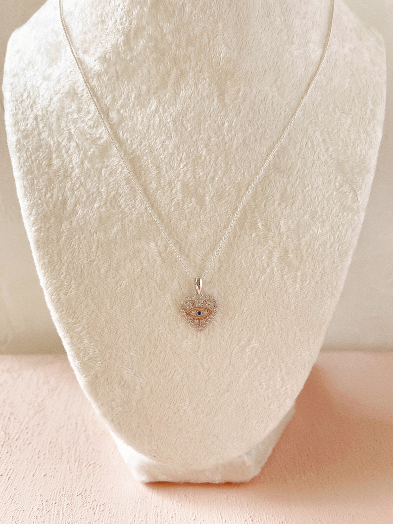 Silver Evil Eye Heart Necklace, Sterling Silver Heart Pendant, Protection Charm, Dainty, Waterproof, Nazar Necklace, Traveler's Gift image 2