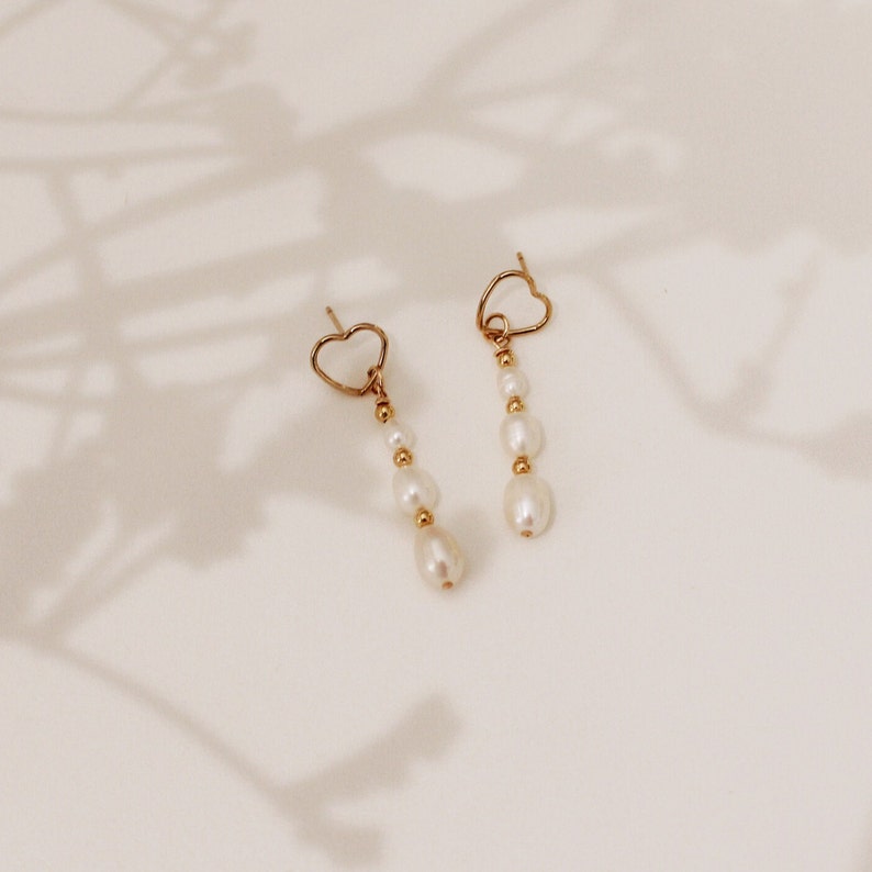 Heart Pearl Drop Earrings, Gold Filled, Freshwater Pearl Earrings, Tarnish Resistant, Bridesmaid Earring, Bridal Earrings, Dainty earrings image 2